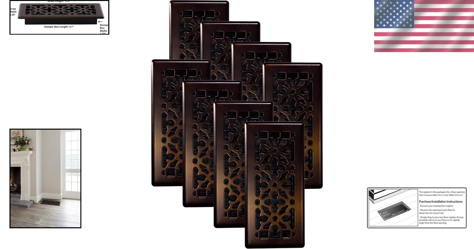 Durable Steel & Plastic Gothic Floor Register Pack – 4x10 Rubbed Bronze Finish