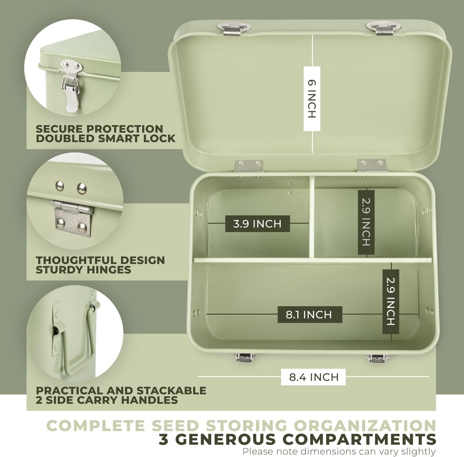 Elegant Metal Seed Storage Box with 3 Compartments & Bamboo Labels - Green