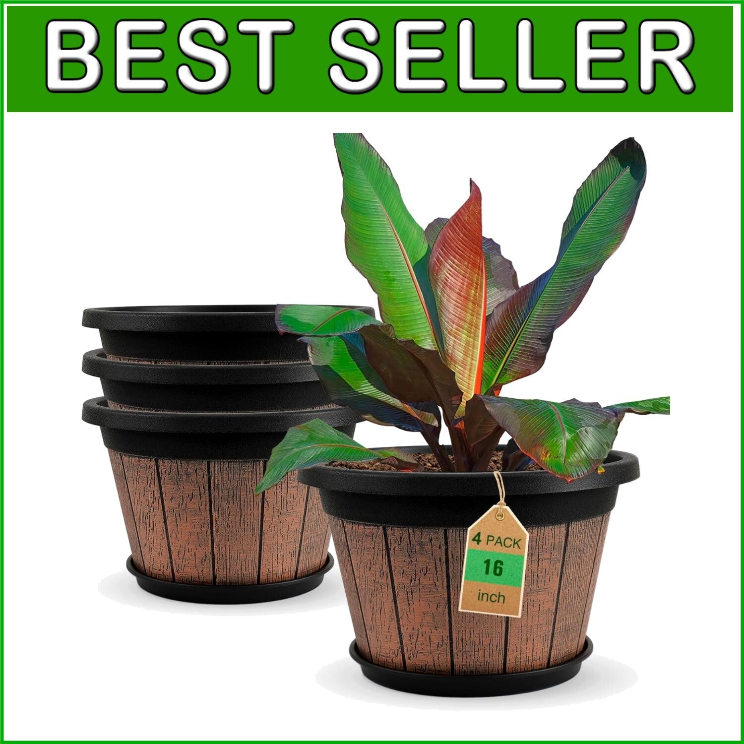 Classic 4-Pack 16-Inch Brown Planters - Weather-Resistant with Drainage