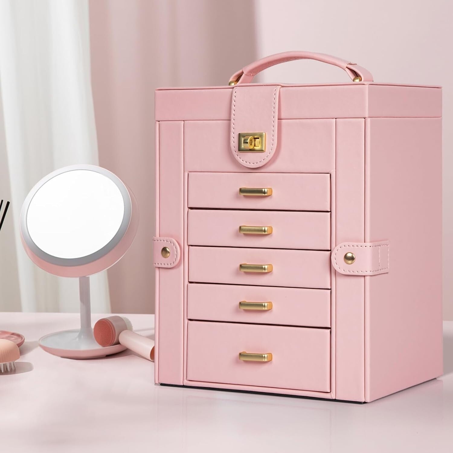 5-Drawer Jewelry Box with Large Mirror – Chic and Functional Organizer for Women