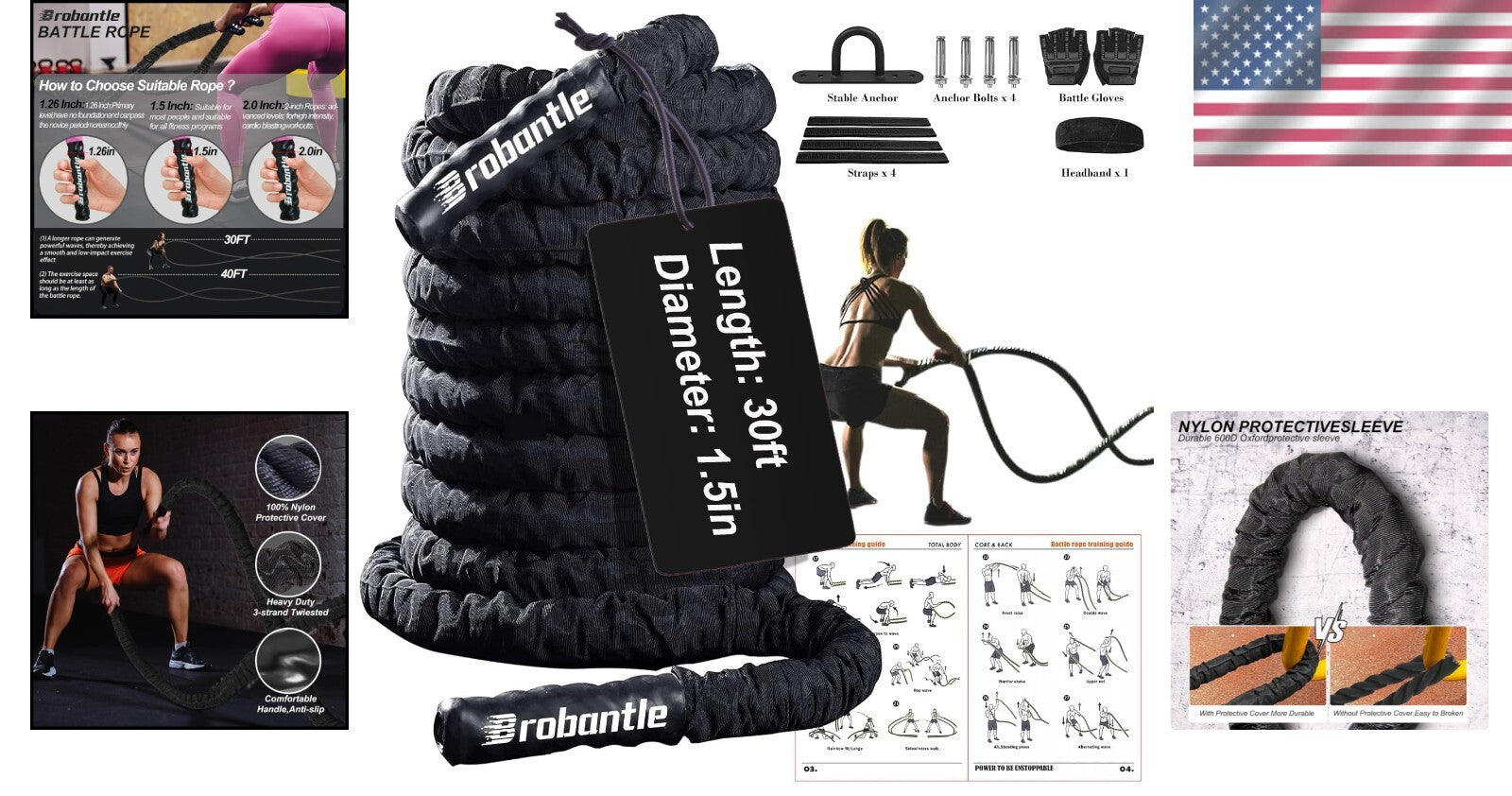 Adjustable Thickness Battle Ropes - 30ft Heavy Workout Rope for Intense Training