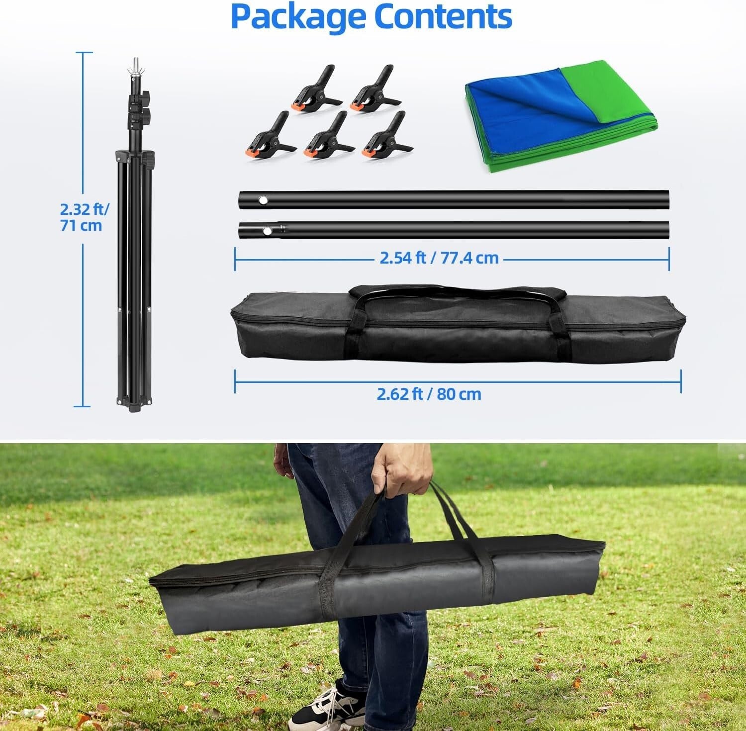 Adjustable Blue and Green Screen Stand Kit for Photography & Video, 59x78 Inches