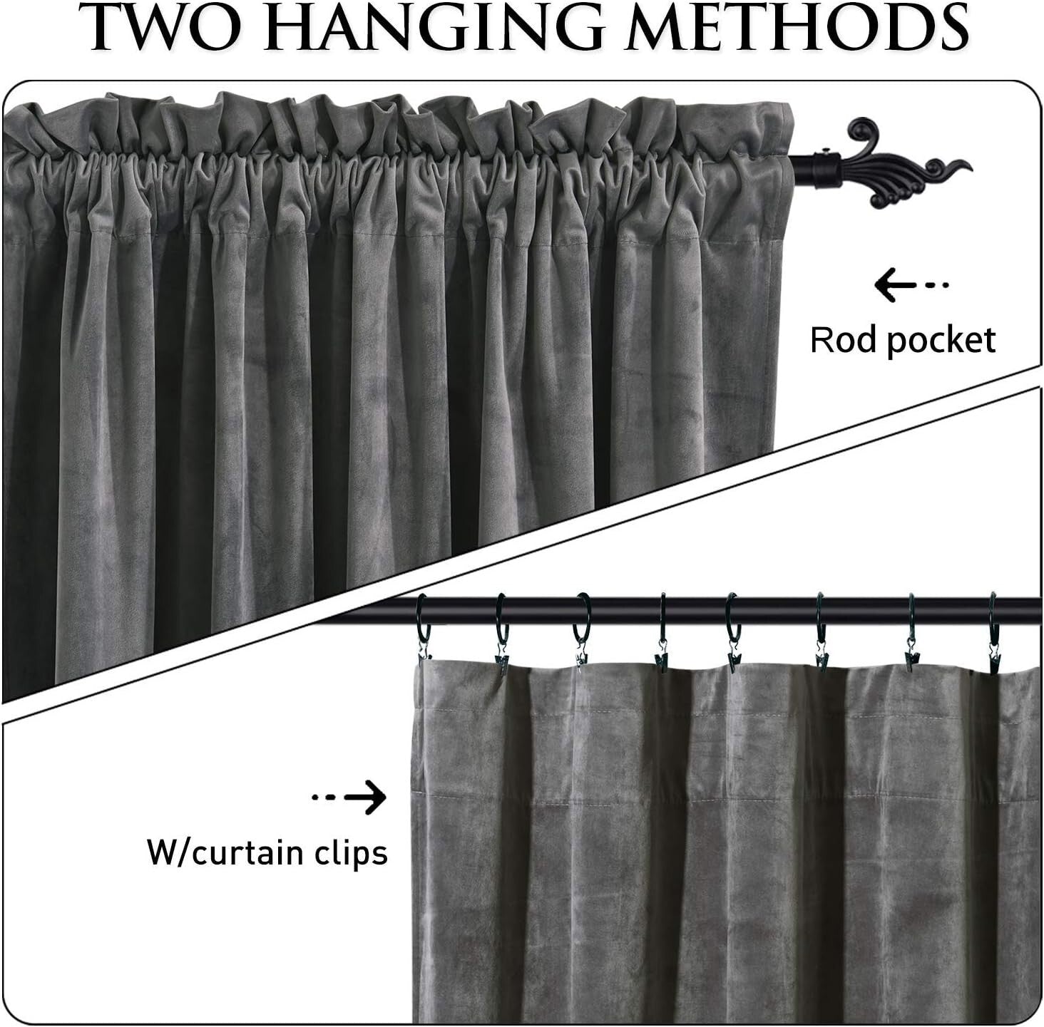 Elegant Grey Velvet Blackout Curtains 84" Long - Set of 2 Room Darkening Drapes