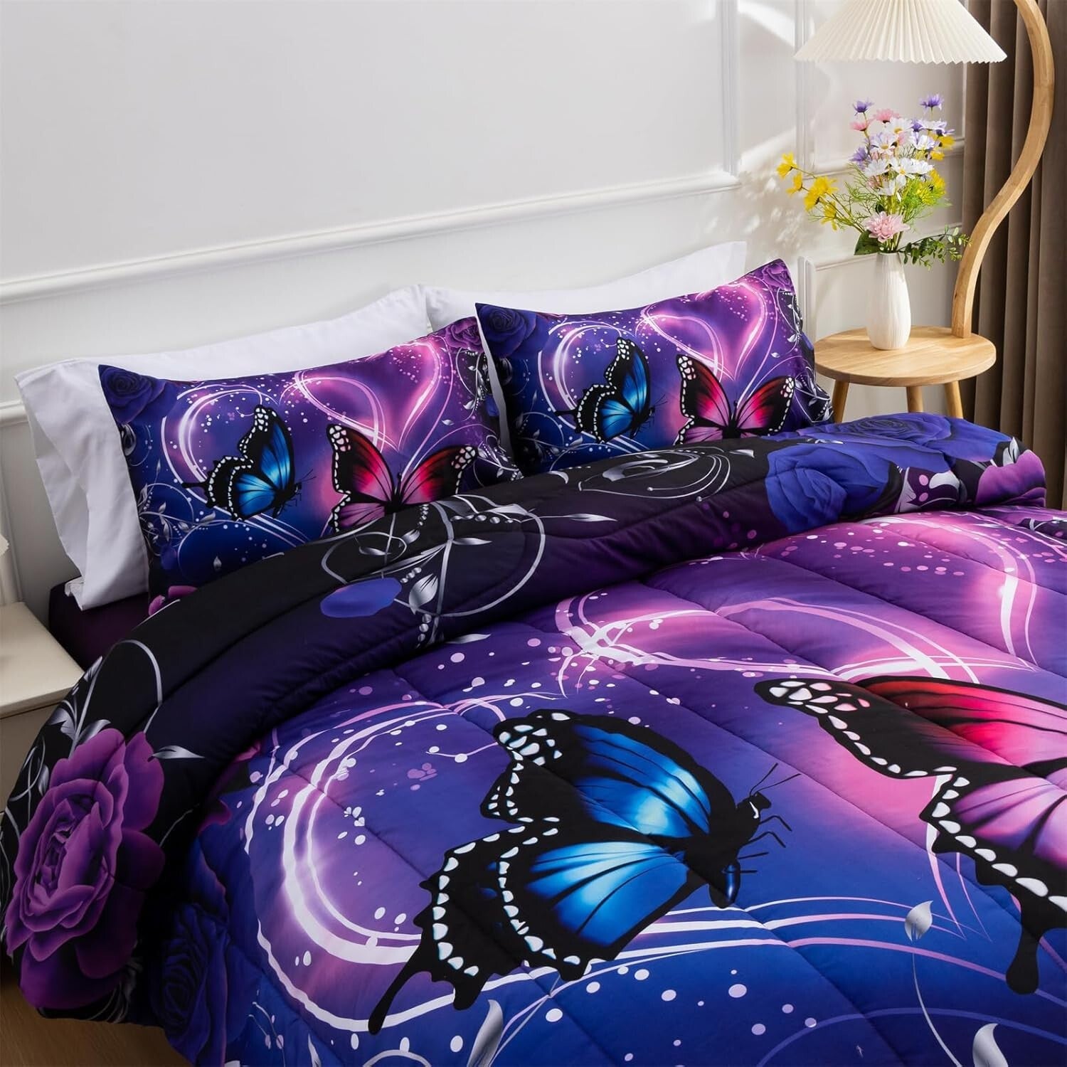 Galaxy 6pc Twin Comforter Set: Dreamy 3D Butterfly Print in Purple & Blue