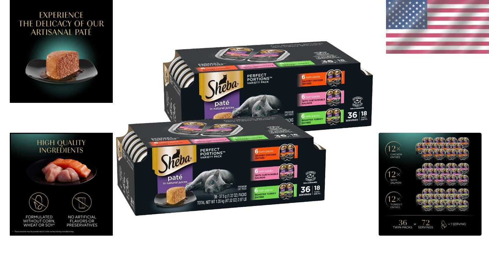 Delicious Wet Cat Food Pate - Chicken, Salmon & Turkey Variety Pack, 36 Servings