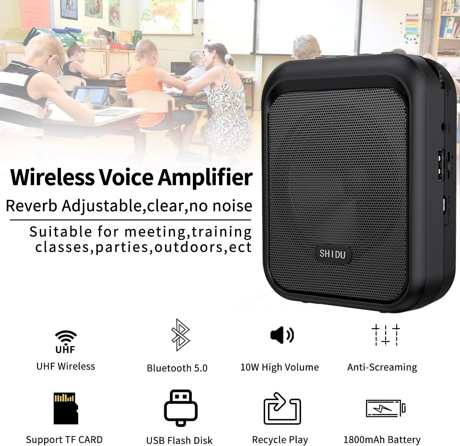 10W Mini Voice Amplifier - Portable Bluetooth Speaker with UHF Wireless Mic