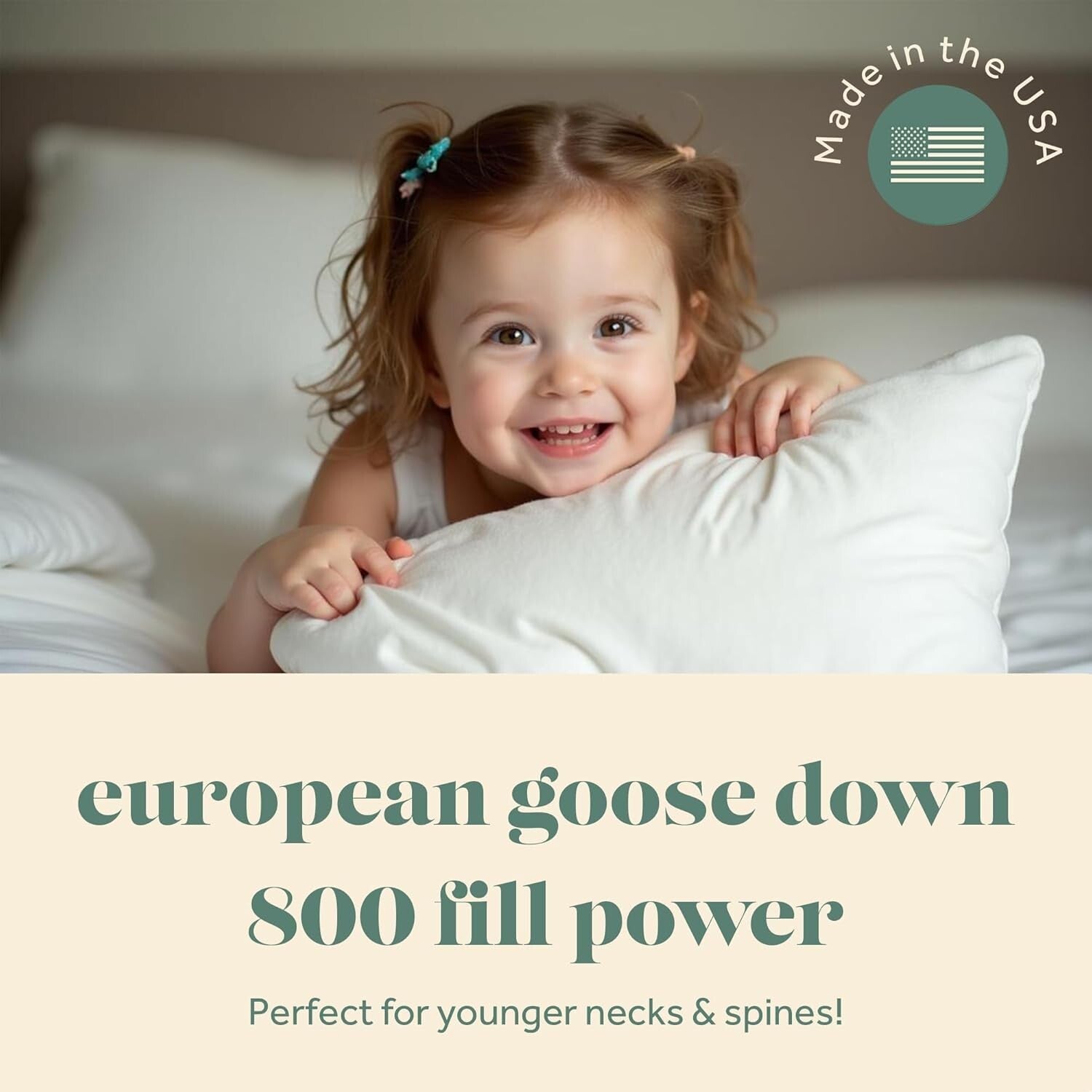 Ergonomic Toddler Pillow - 800 Fill Power Goose Down, 13x18 Inches, **Hypoall...