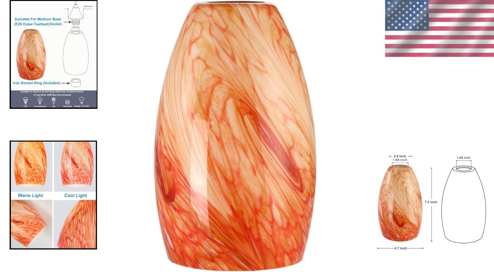 Artistic Hand-Blown Amber Red Lamp Shade - Flush Mount, 7.5''x4.7'' Perfect Fit