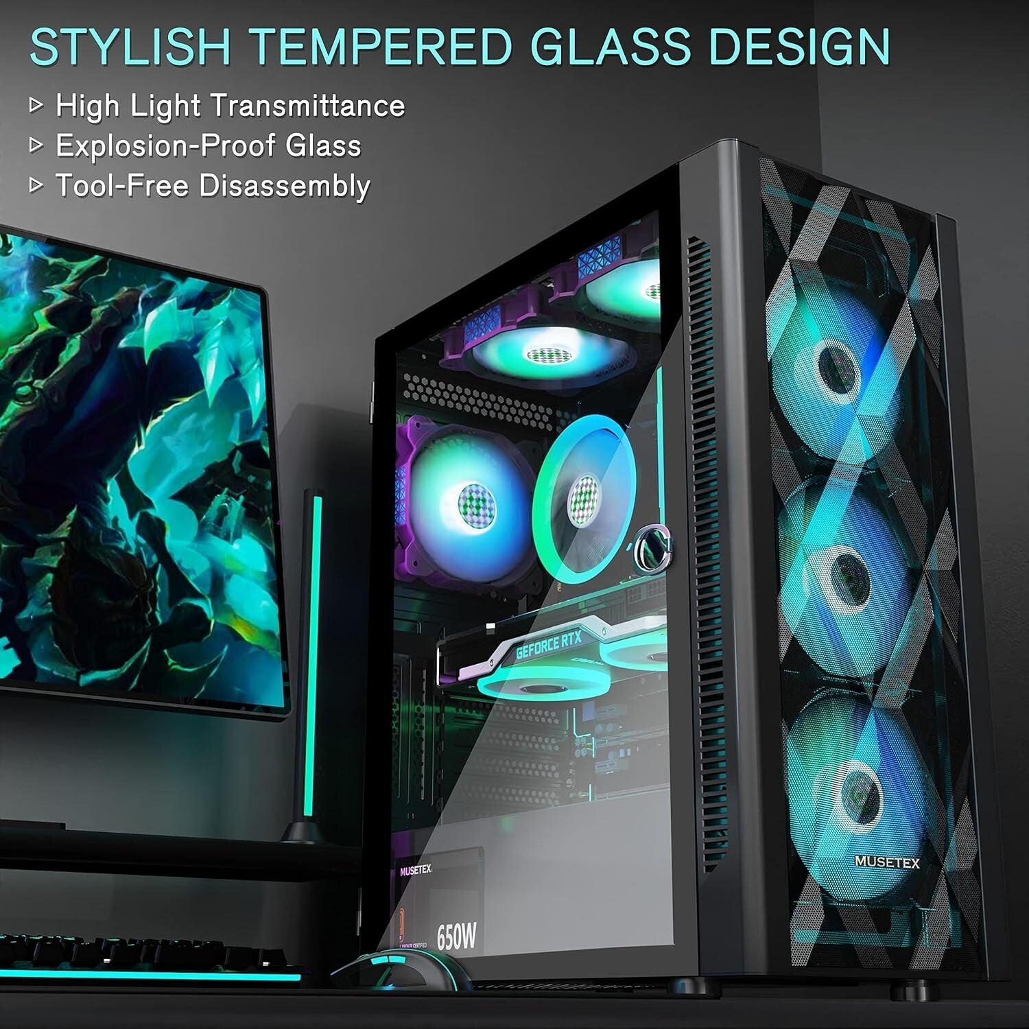 Customizable RGB-Illuminated ATX PC Case with Magnetic Tempered Glass Side Panel