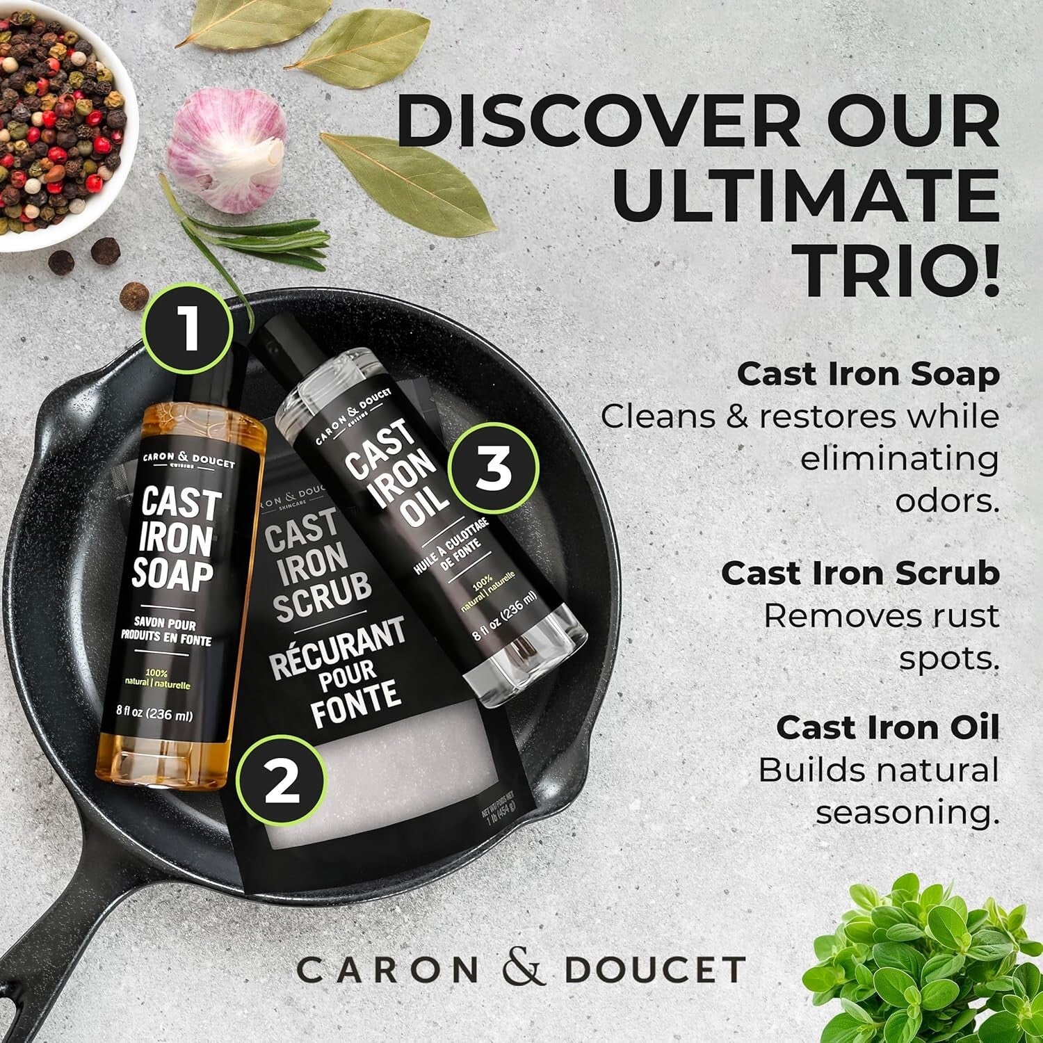 Ultimate 32 Fl Oz Plant-Based Cleaning Set for Cast Iron Restoration & Seasoning
