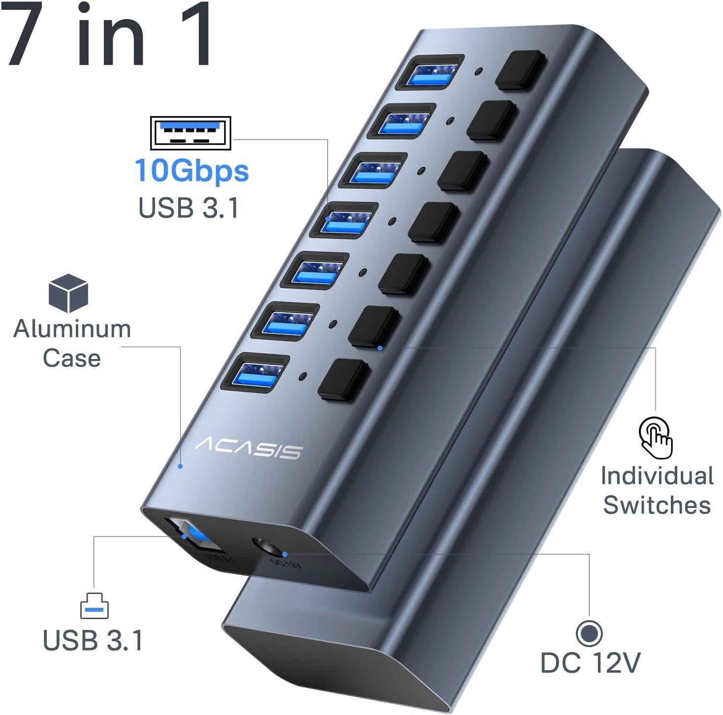 Powered USB 3.1 Hub: 7 High-Speed Ports with Switches for Safe Charging Needs