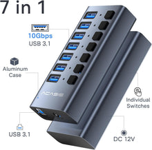 Load image into Gallery viewer, Powered USB 3.1 Hub: 7 High-Speed Ports with Switches for Safe Charging Needs