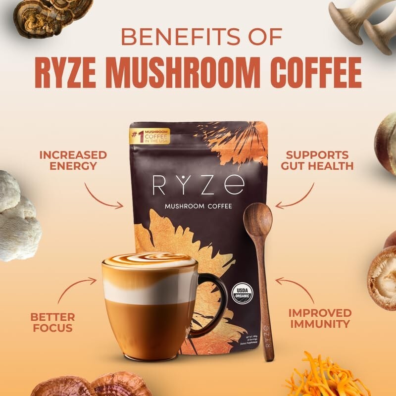 Delicious RYZE Adaptogenic Mushroom Coffee: Focus, Digestion & Energy Boost