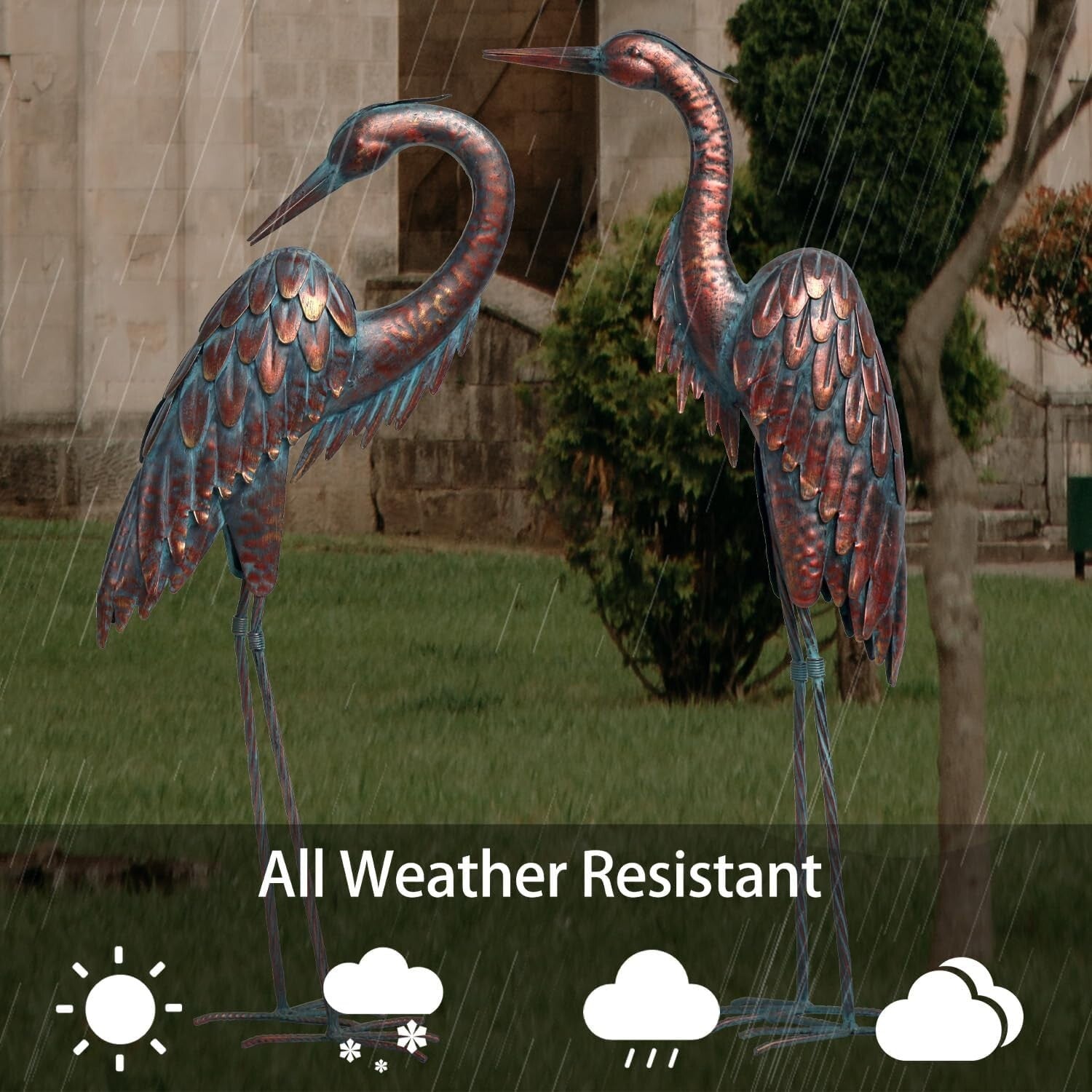 Freestanding Patina Metal Crane Statues - Majestic Garden Decor for All Seasons