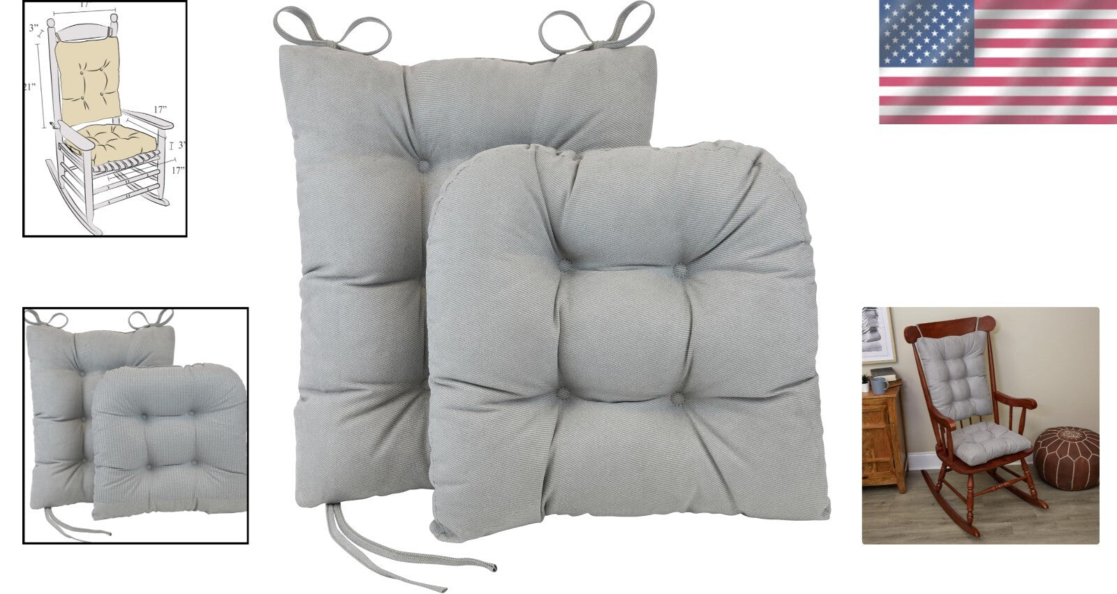 Plush 2-Piece Rocking Chair Cushion Set - Non-Slip Design in Twillo Gray, 17"