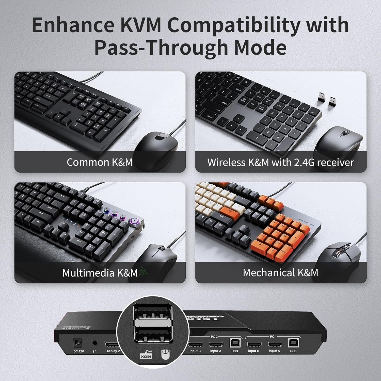 Versatile KVM Switch for Dual Monitors with Audio Output & Hot Plug - 12V Power