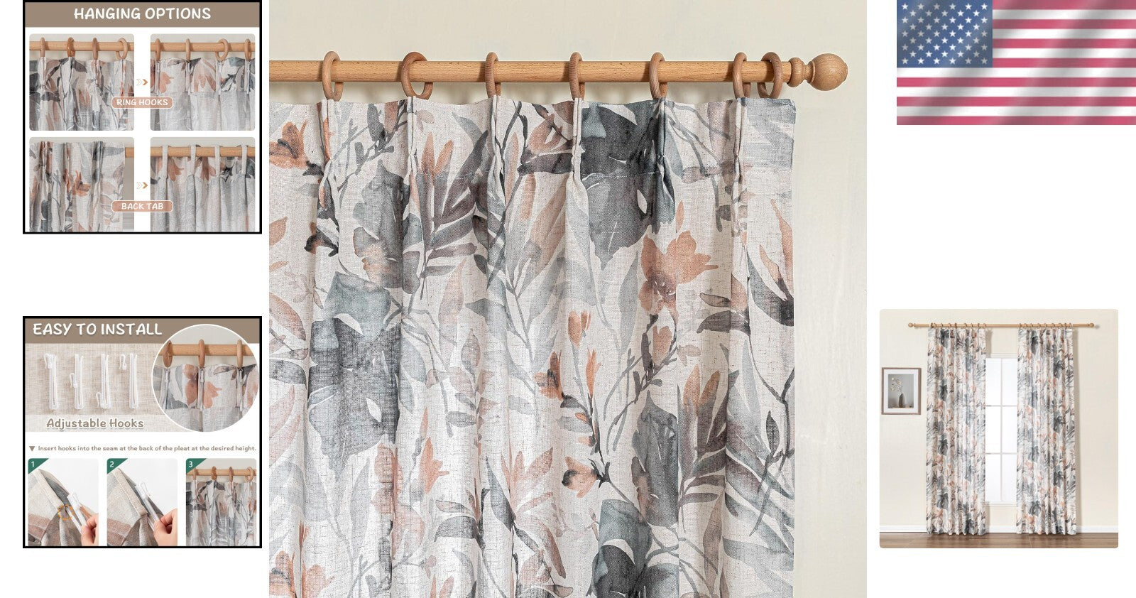 Soft Linen Blend Floral Curtains - 84 Inch Pinch Pleat for Dining & Living Rooms