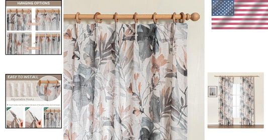 Soft Linen Blend Floral Curtains - 84 Inch Pinch Pleat for Dining & Living Rooms