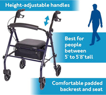 Load image into Gallery viewer, Comfortable Steel Rollator Walker with Backrest and Storage, Height Adjustable