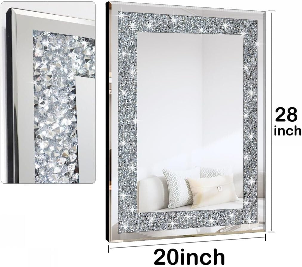 Elegantly Crafted 28x20" Silver Frameless Rectangle Mirror with Crystal Design
