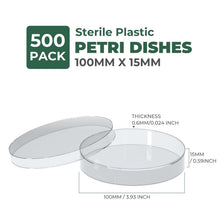 Load image into Gallery viewer, 500 Sterile Ethylene Oxide Petri Dishes - 100mm Diameter, Enhanced Vented Design