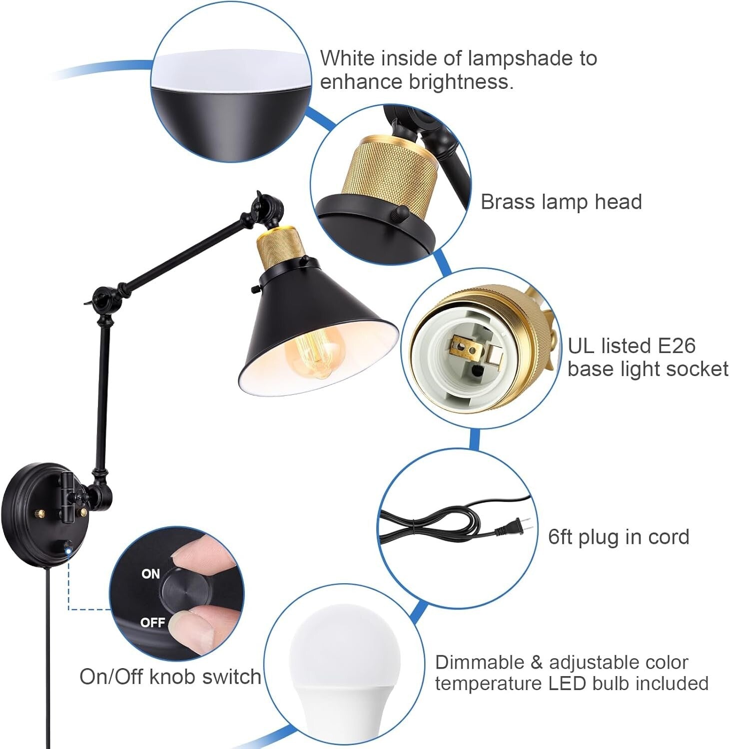 2-Pack Dimmable Wall Sconces with Adjustable Color & Remote - Black Metal Finish