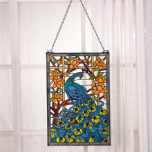 Load image into Gallery viewer, Rectangular Tiffany Stained Glass Peacock Panel with 30" Chain - Handmade Beauty