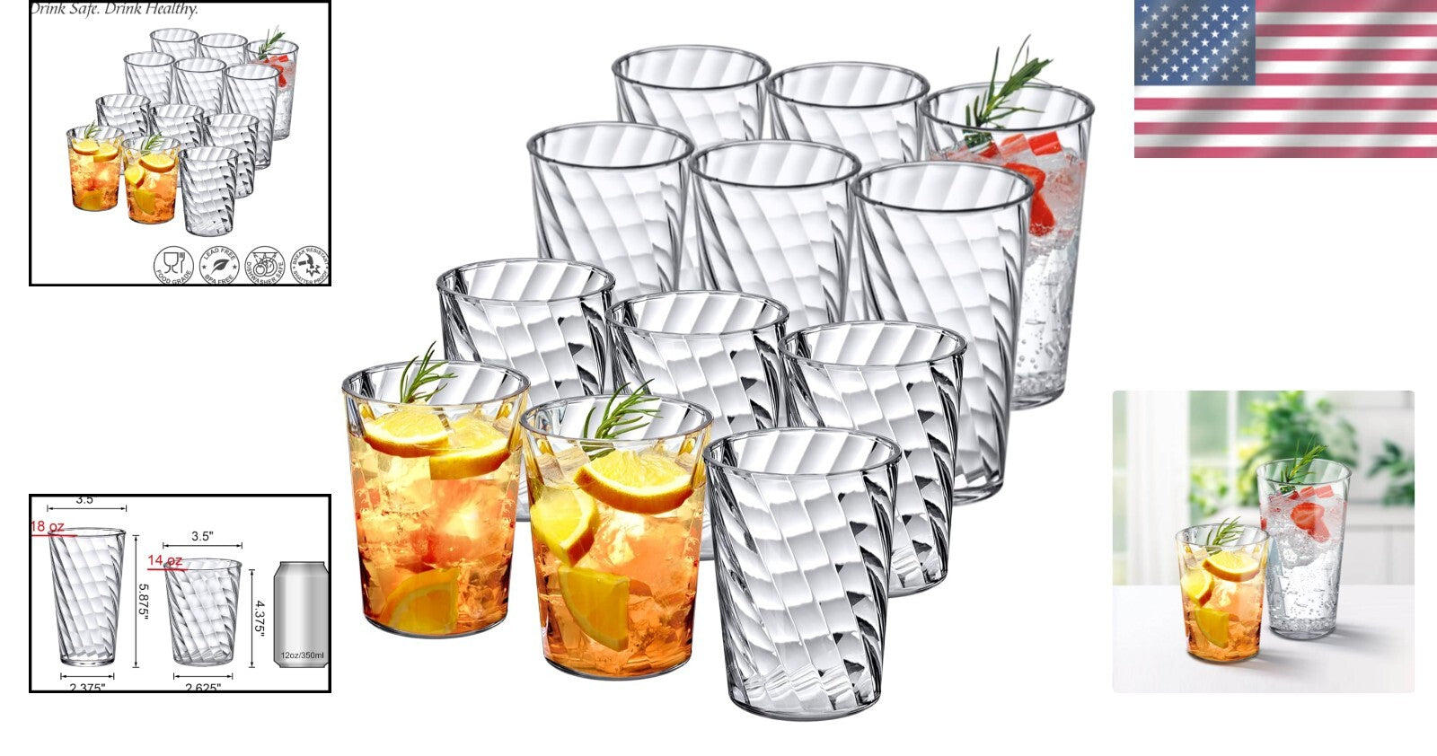 12-Pack All-Clear Plastic Drinking Glasses - Shatter-Proof & Dishwasher Safe