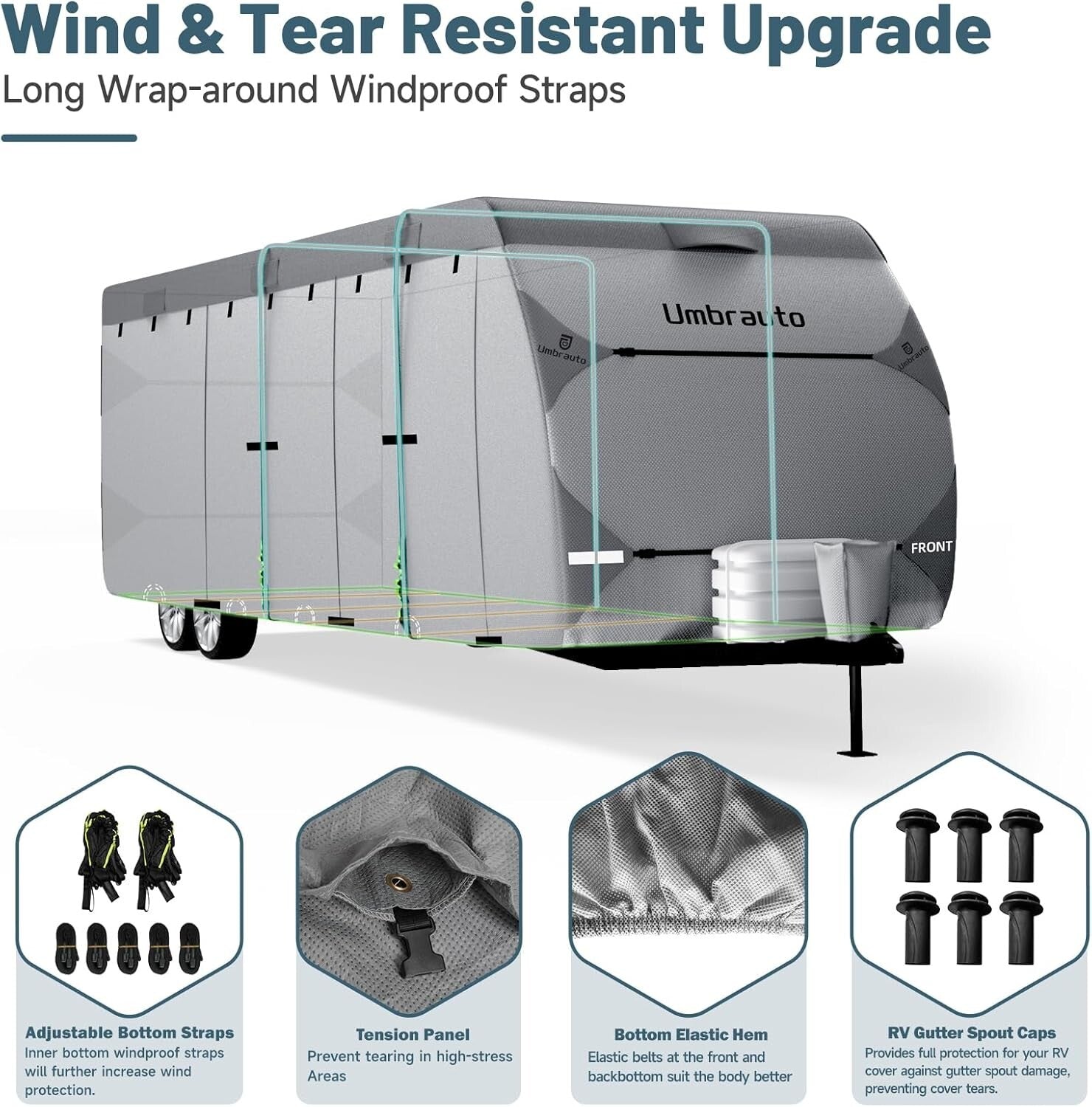 Universal Fit Waterproof Travel Trailer Cover with Windproof Ropes and Gutters