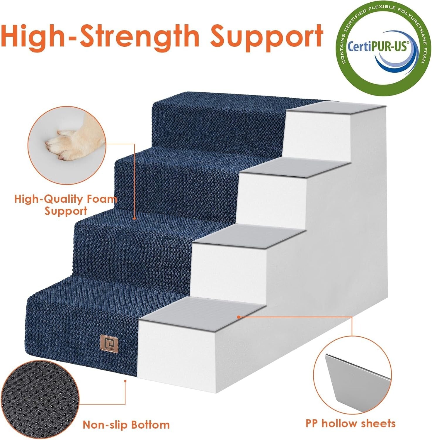 Extra Wide 4-Step Pet Stairs - Safe Access for Small Dogs & Cats in Navy