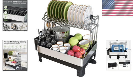 Extra Large Stainless Steel 2-Tier Dish Drying Rack with Utensil Holder, Black