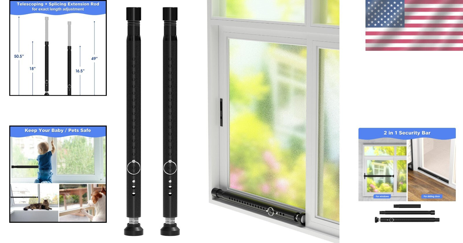 Adjustable Sliding Door Security Bar - 2-Pack Childproof Window Lock, 16-51 Inch