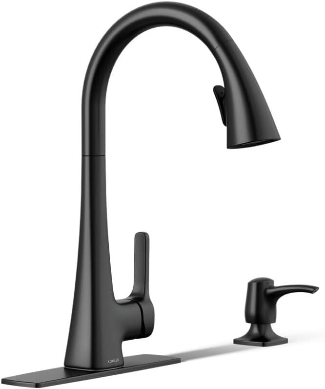 Dual Function Matte Black Kitchen Faucet with Soap Dispenser & Secure Docking