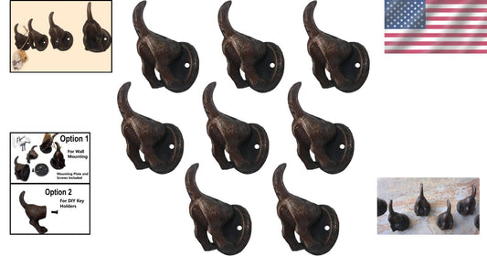 Heavy Duty Cast Iron Dog Tail Hooks - Decorative 8 Hook Wall Leash Holder