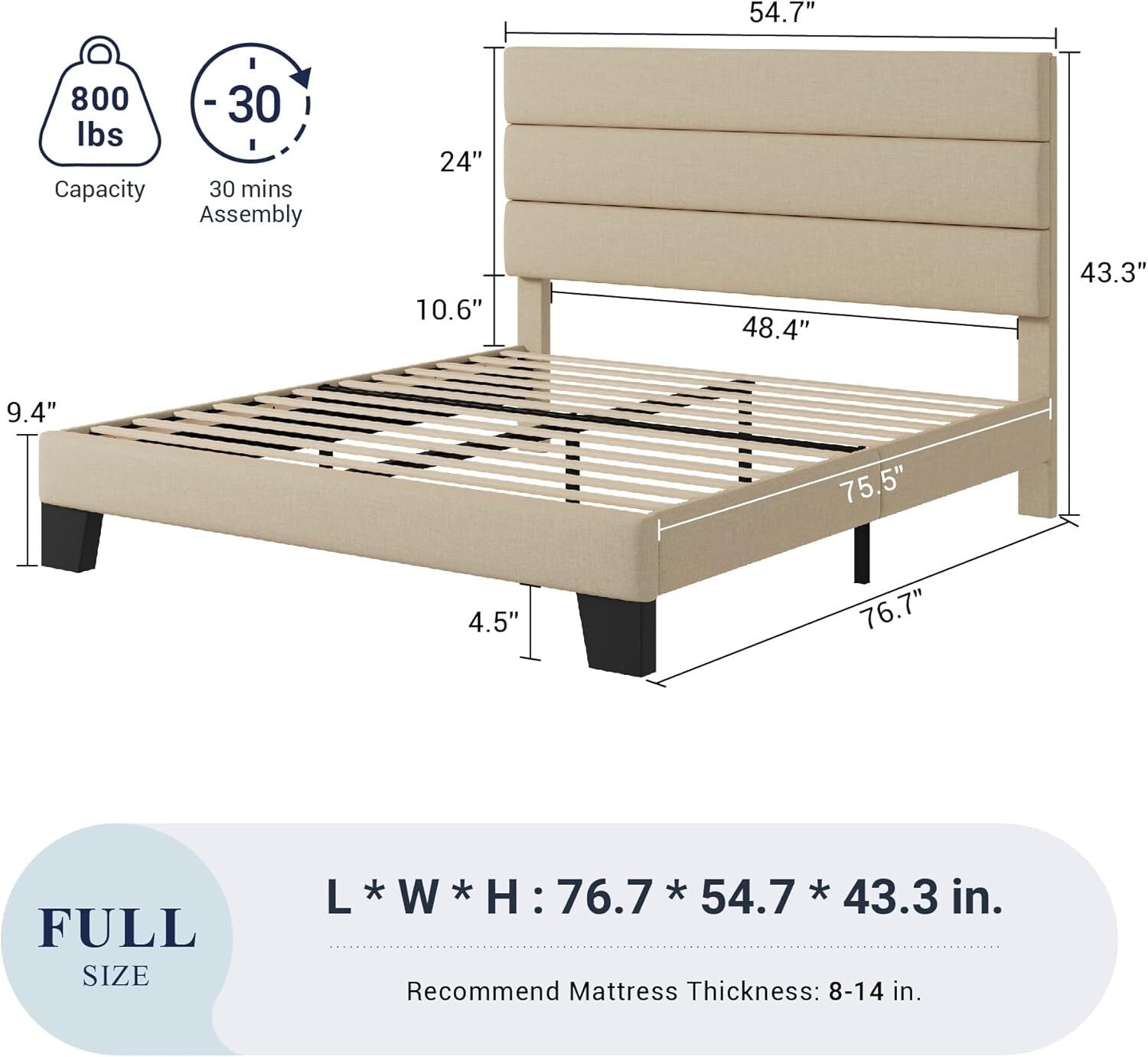 Elegant Full Size Platform Bed with Upholstered Headboard – No Box Spring Needed