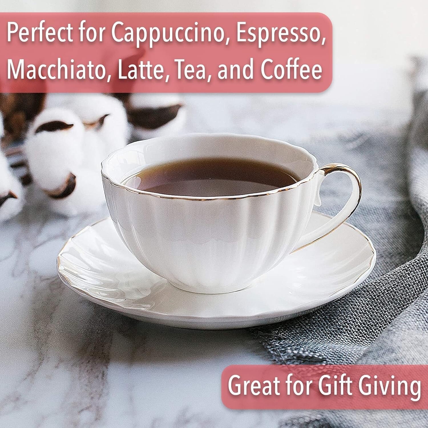 Luxurious 7 oz White Tea Cups and Saucers Set with Golden Trim - Gift Ready!