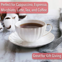 Load image into Gallery viewer, Luxurious 7 oz White Tea Cups and Saucers Set with Golden Trim - Gift Ready!