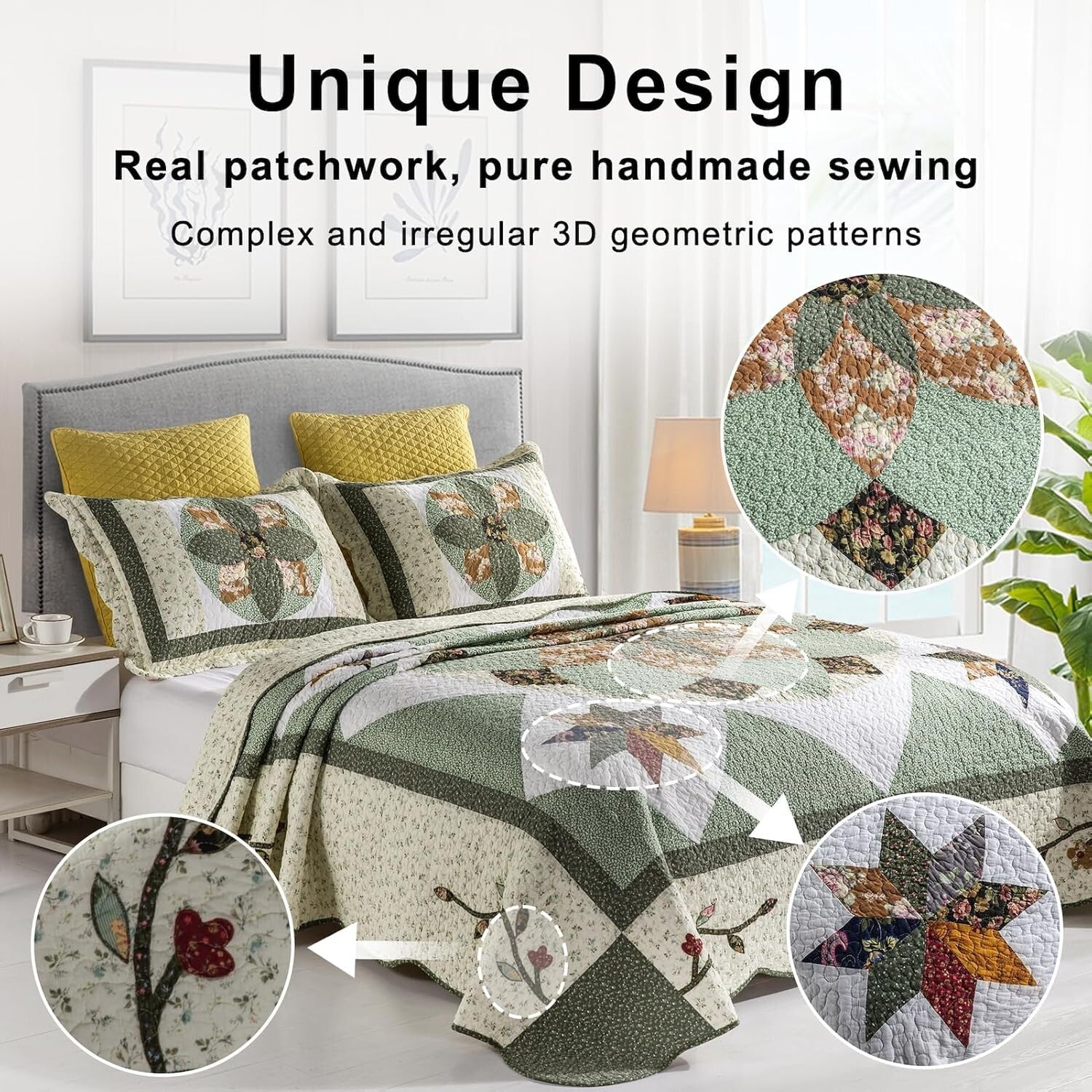 Breathable King Size Patchwork Quilt Set - Eco-Friendly Cotton Floral Design