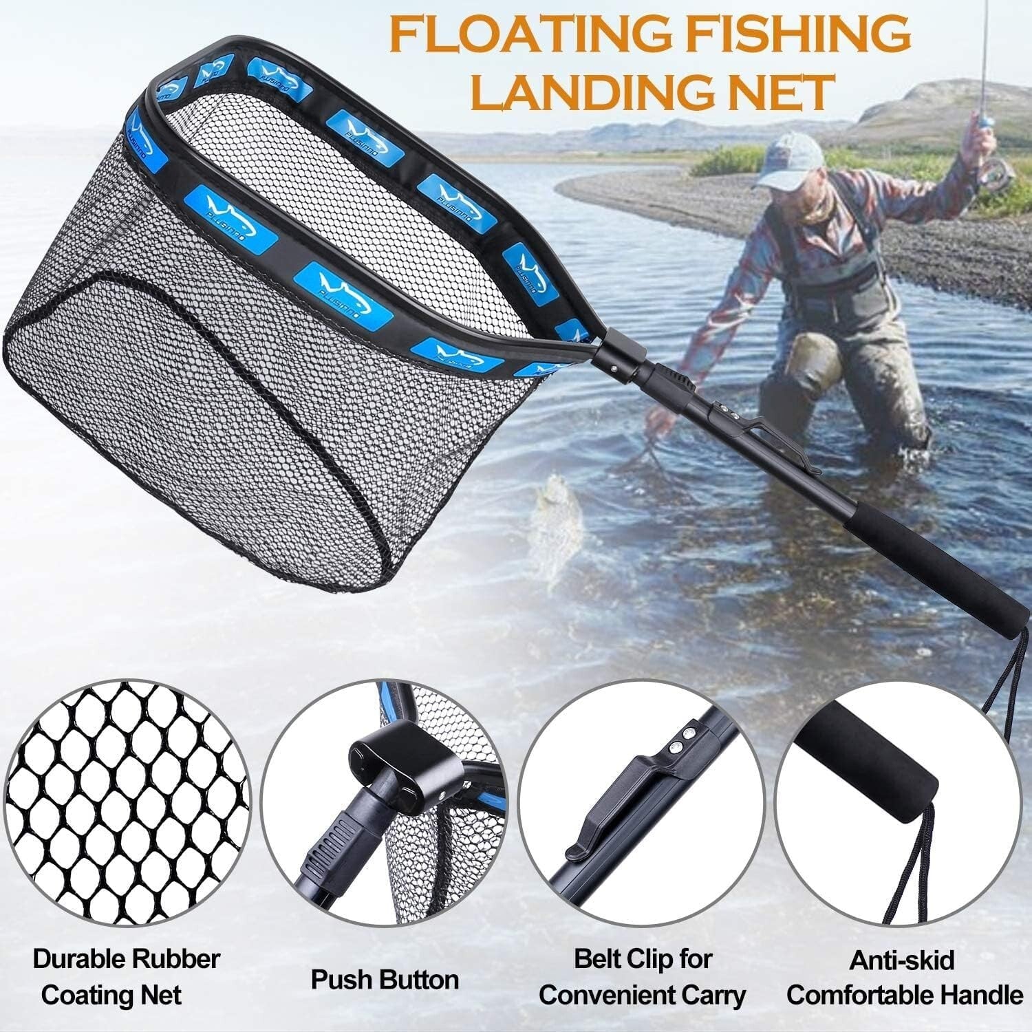Large Floating Fishing Net - Rubber Coated, Compact & Foldable for Easy Use