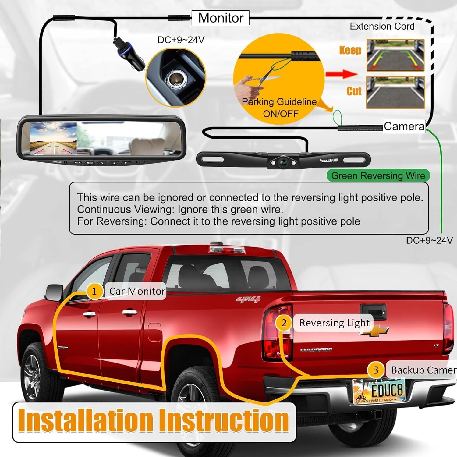 1080P Waterproof Car Backup Camera with 4.3" In-Mirror Monitor Clip-On Design