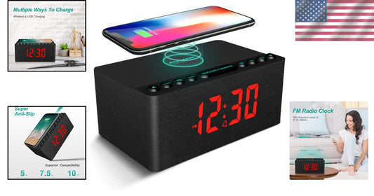 Chic Wooden Alarm Clock & Wireless Charging Dock with Adjustable Brightness