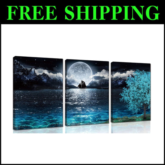 Elegant Teal Moon Wall Art Set - 3 Pieces Canvas for Living Room & Bedroom