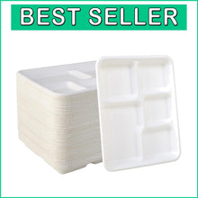 Load image into Gallery viewer, Compostable Bagasse Plates - 500 Count 5 Compartment School &amp; Celebration Trays