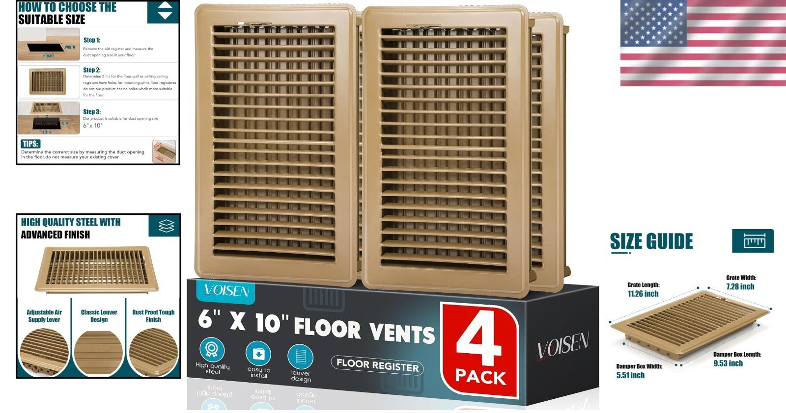 Classic Brown Floor Register 6x10 - Durable Adjustable Grille for Home & Office