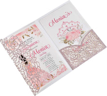 Load image into Gallery viewer, Elegant 4.7x7 Inch Rose Gold Glitter Quinceanera Invitation Kit - 50 Count