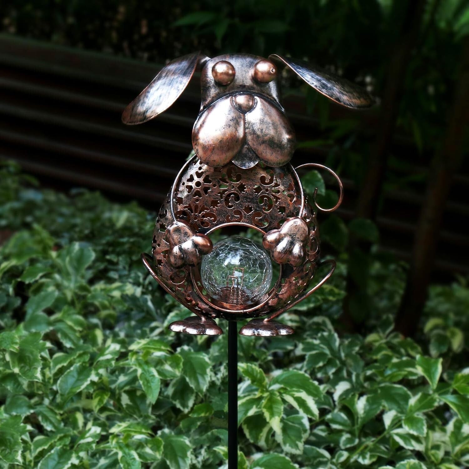 Easy Install Dog Bronze Solar Outdoor Light with Crackle Glass - IP44 Waterproof
