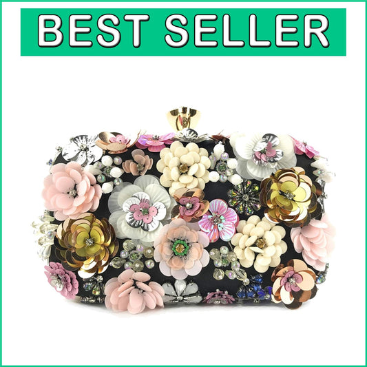 Elegant Evening Clutch with Rhinestone Closure & Floral Detail - Women’s Fashion