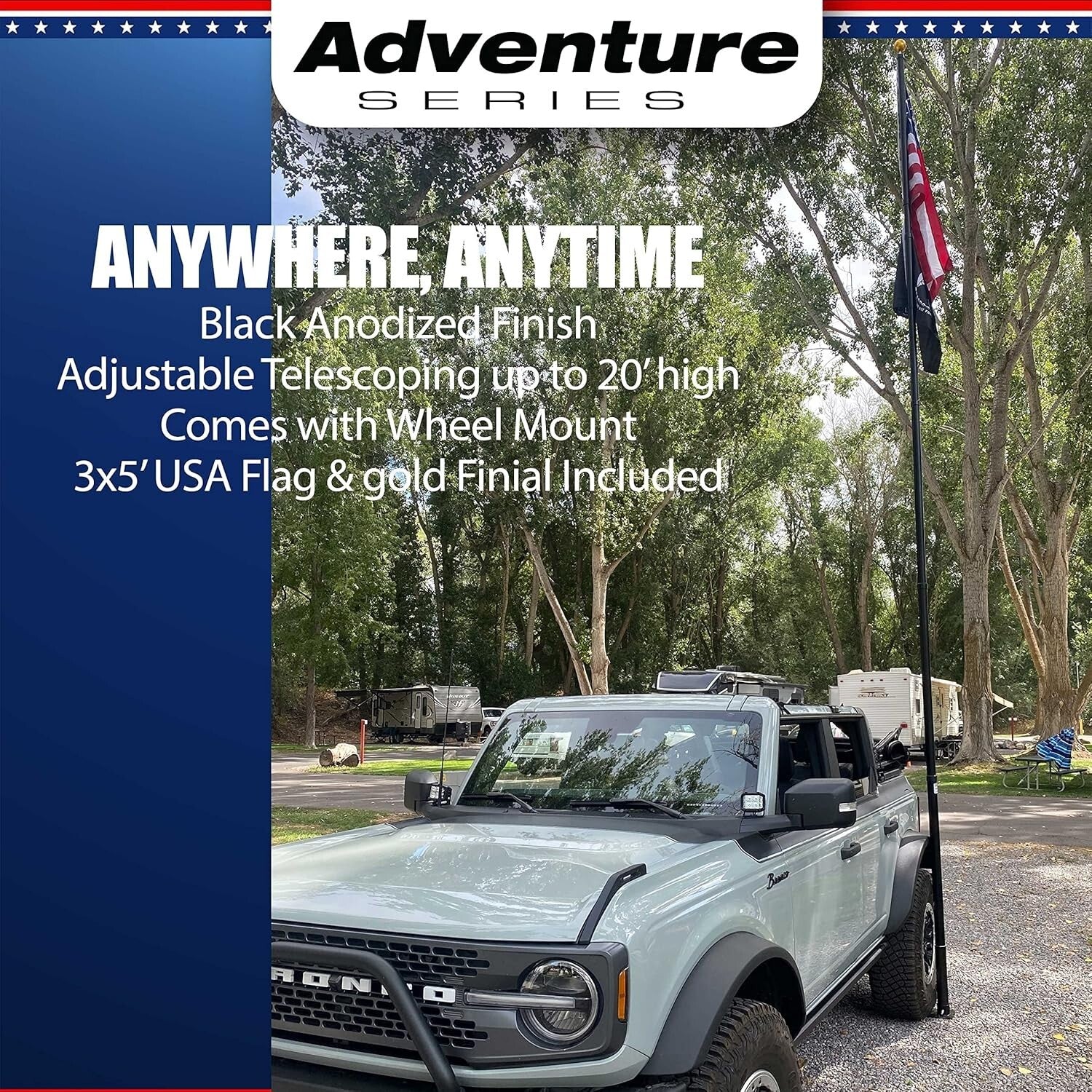 20FT Tailgate Flag Pole Kit with Stainless Steel Mount & Car Protector Pad