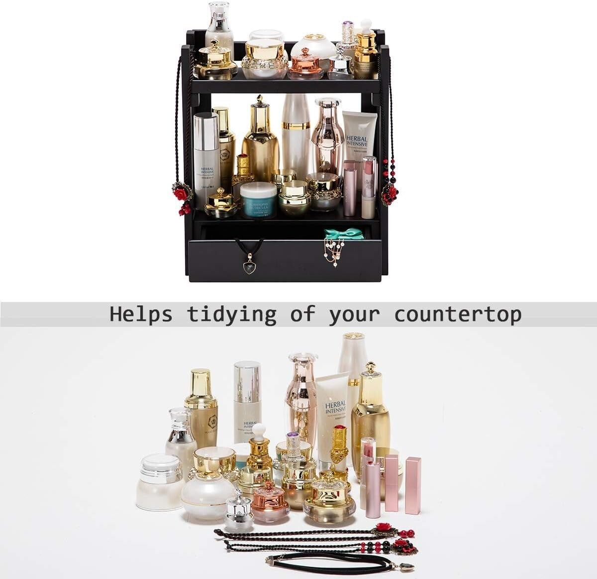 Elegant Bamboo Makeup Organizer - Stylish Cosmetic Storage Caddy for Countertop