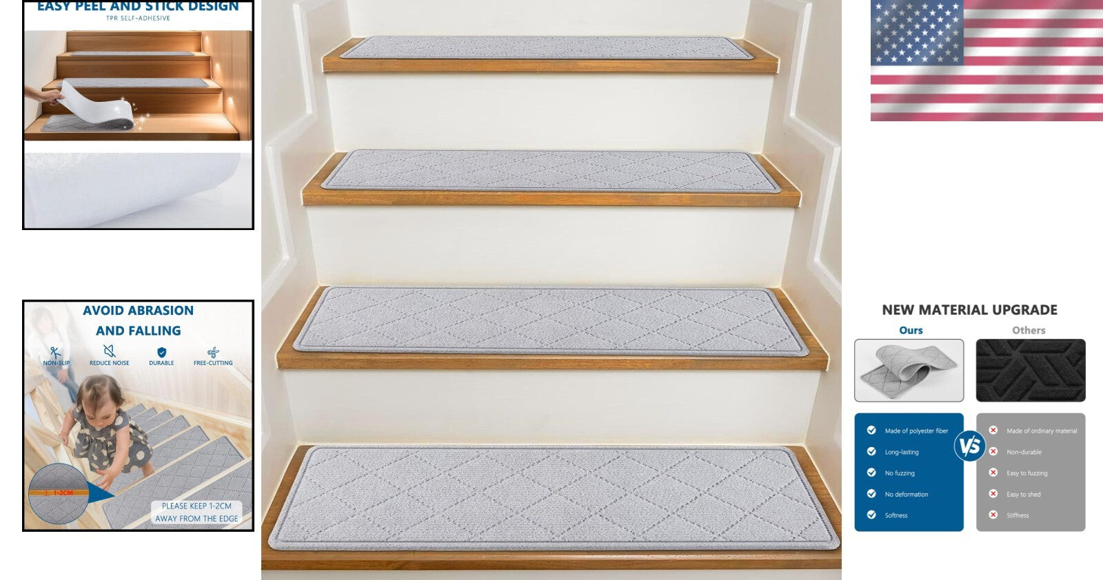 Durable 8"x30" Non-Slip Stair Treads for Wooden Steps - 15 Pack - Elegant Grey